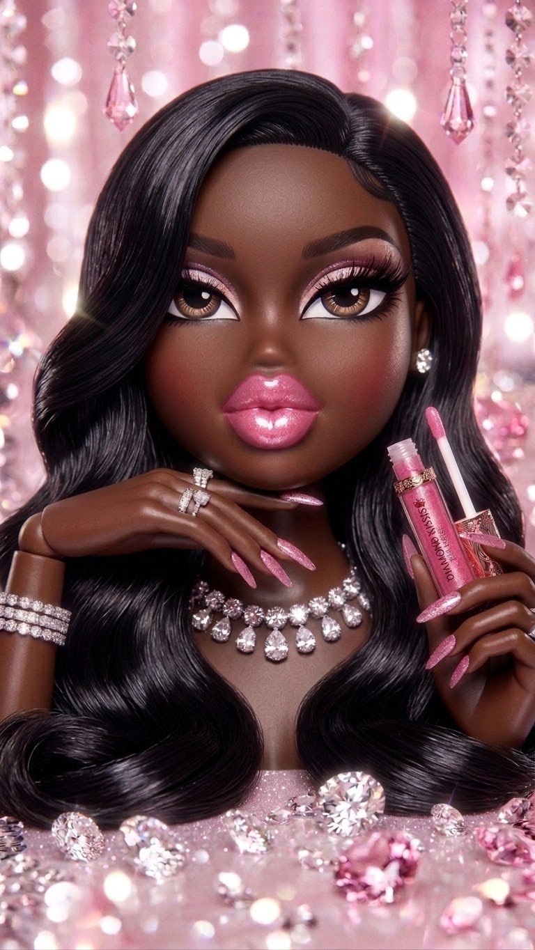 Glamorous woman with flawless hair and makeup applying lip gloss